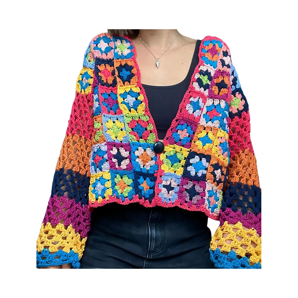 Kabát Babičkin štvorcový sveter farebný patchwork bunda cardigan handmade háčkovaný sveter